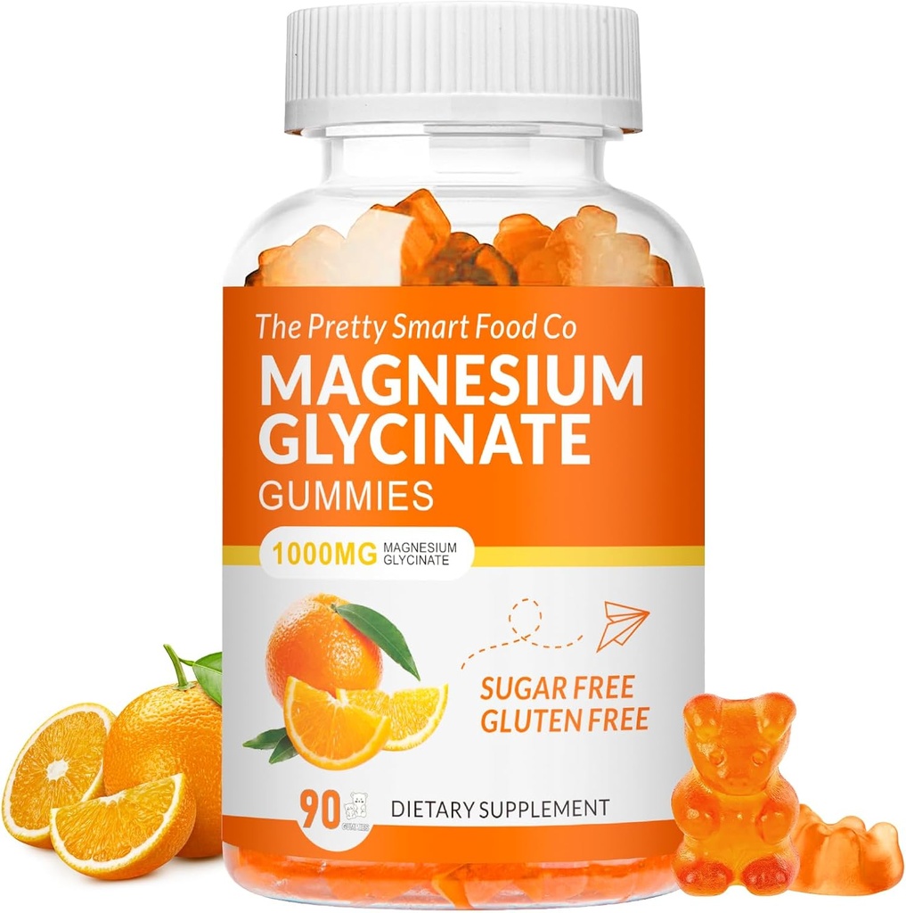 Magnesium Glycinate Gummies 1000mg - 90 Ct ANTE Magnesium Potassium Suplementos para la relajación, Stress Relief, con vitamina D, B6, CoQ10 para calma Mood & Sleep Support - Orange Gummies