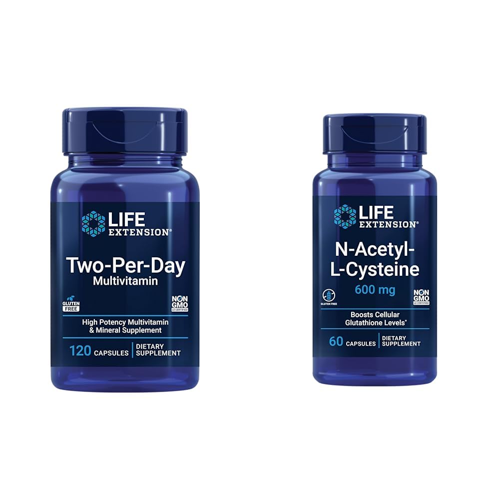 Ampliación de vida Multivitamina de dos por día, vitaminas B, C, D, zinc, 25 vitaminas, extractos de minerales, 120 cápsulas Bundle con N-Acetyl-L-Cysteine (NAC) 600 mg, 60 cápsulas