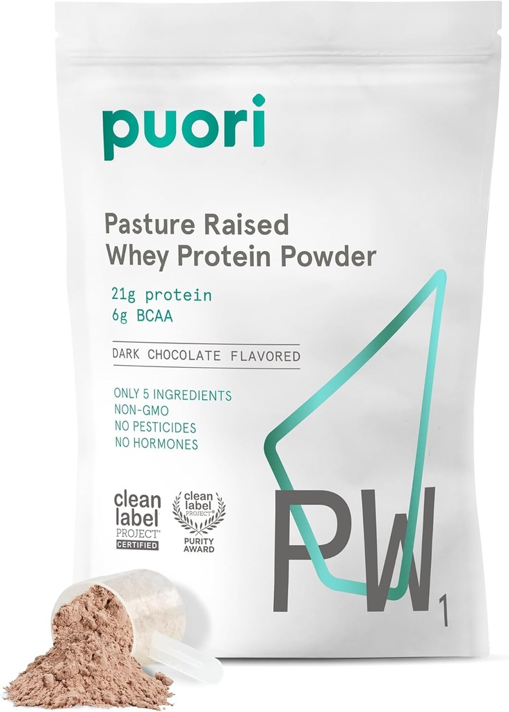 Puori Whey Protein Powder - Chocolate oscuro - PW1 Pasture Raised, Grass ' Non-GMO - 100% natural y puro para el crecimiento muscular - 21g Protein 1.98lbs - Gluten-Free