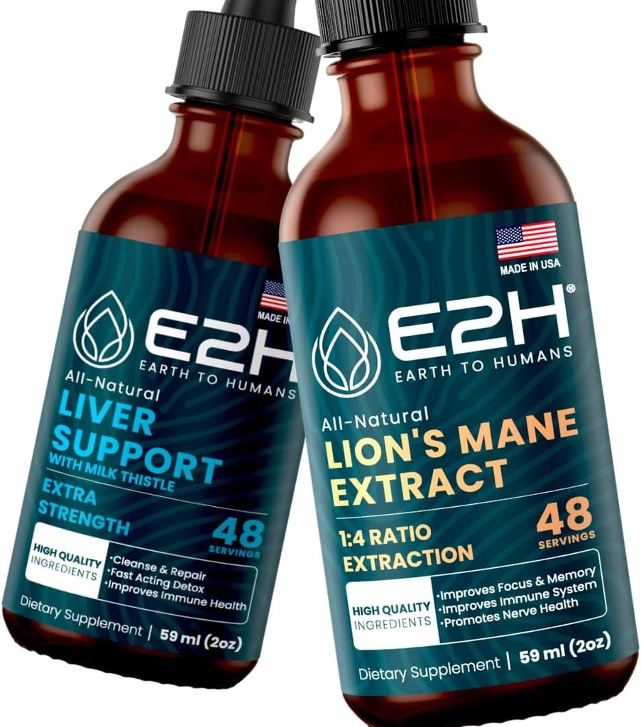 E2H: Apoyo al hígado Suplemento y Cordyceps Mushroom Suplemento Silencio Vegan, No GMO - 2 Fl Oz Cada (4 Fl Oz Total) - Bundle