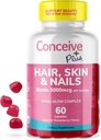 CONCEIVE PLUS Piel de pelo " Mangas de uñas - Biotina de alta resistencia, VIT A, C, D3, E Vitaminas - Vegan, Suplemento de crecimiento del cabello - Gelatin-Free - 60 Cuenta