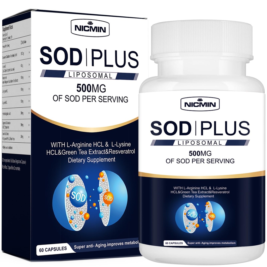 Superoxide Trasmutase Suplemento 500mg - SOD Además con glutatión liposomal, AKG, Té Verde Extracto, L-Arginina, Lysine, Resveratrol y Vitamina E para soporte inmunológico, Antioxidante 60 cápsulas