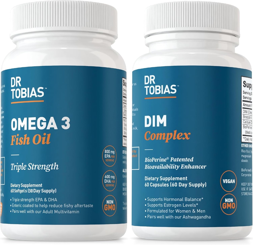 [BRSROCAZAAPBQE3U] Dr. Tobias Omega 3 Fish Oil and DIM Complex Supplements, Supports Heart, Brain Immune Function and Hormone Balance for Women & Men with BioPerine, Borccoli Extract & Calcium D-Glucarate, 60 cápsulas