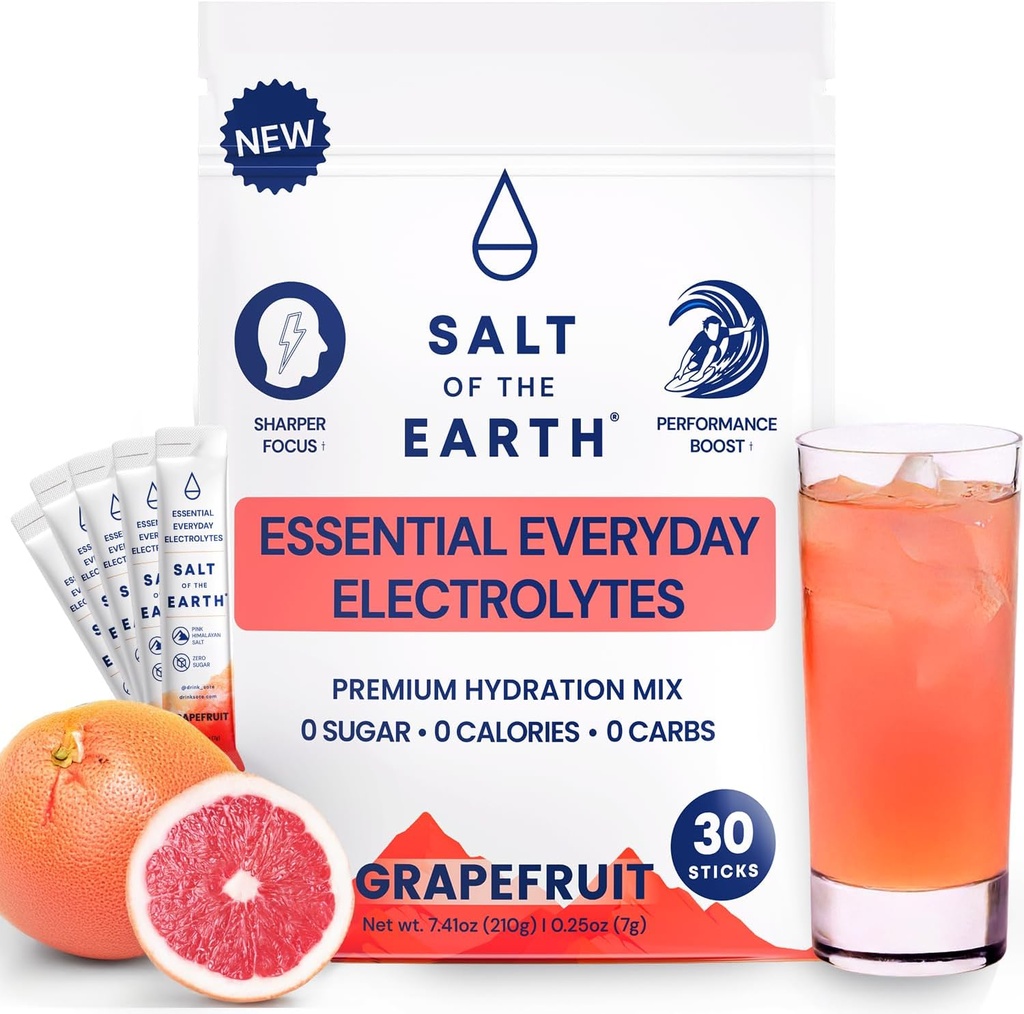 Salt of the Earth Premium Zero-Sugar Electrolyte - Hecho con Himalaya Rosa Salt - Hydration Powder Packets ← Ingredientes Premium TENER Keto & Paleo Friendly TEN 30 Sticks, Grapefruit