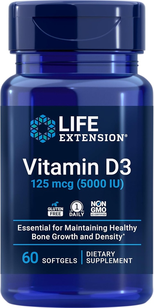 Extensión de la vida Vitamina D3 125 mcg (5000 UI), Bone Health, Brain Performance, Immune System Support, Gluten-Free, Non-GMO, Once Daily, Two-Month Supply, 60 Softgels