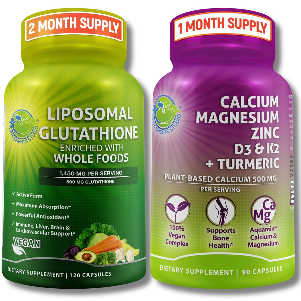 SUPPLEMENTOS STUDIO Liposomal Glutathione 500mg Enriquecido con alimentos integrales orgánicos + calcio de base vegetal, Magnesio, Zinc, D3 & K2 con Turmérico – Vegano, No GMO, Clean Daily Wellness Support