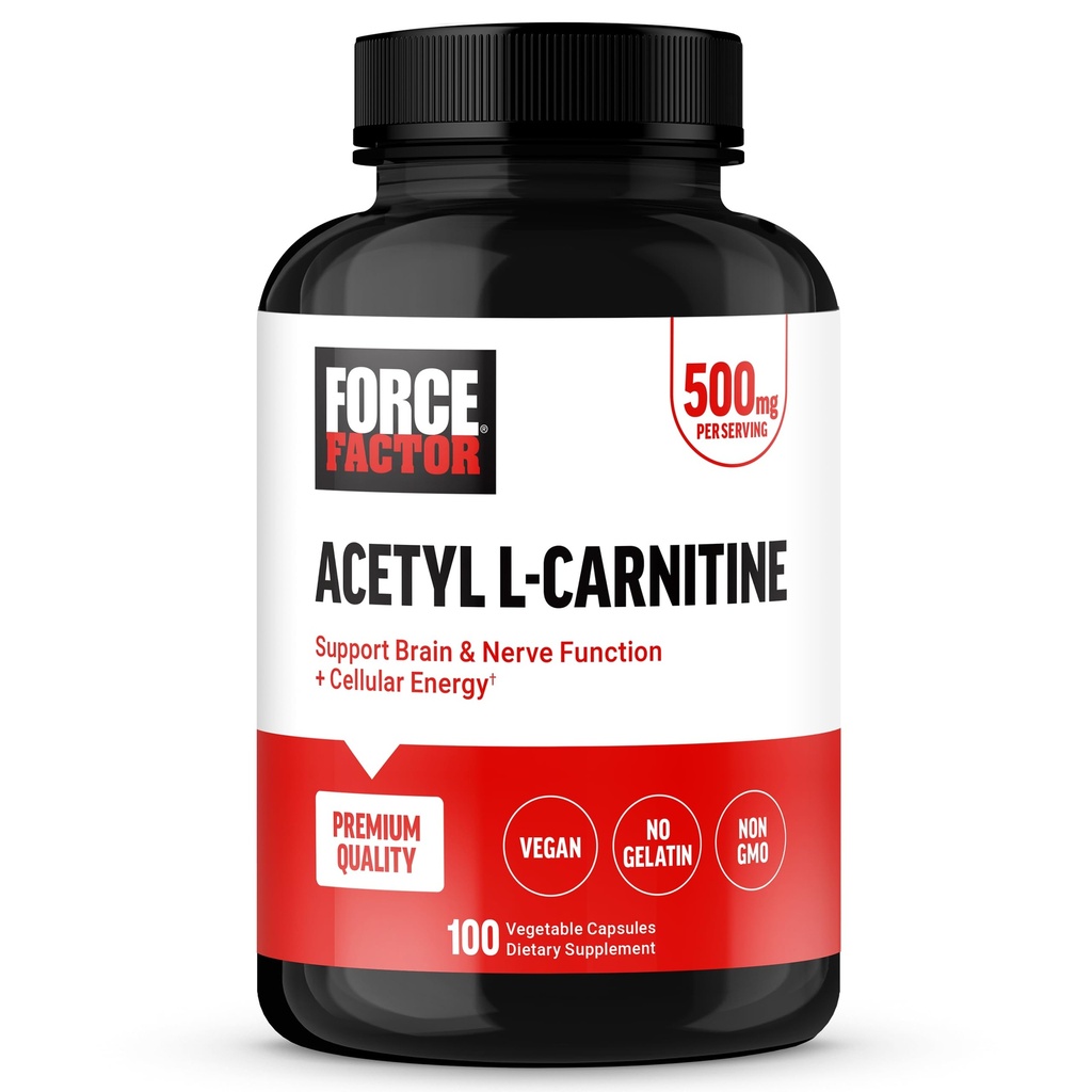Factor de fuerza Acetyl L-Carnitine Brain Supplement, Nerve Support Supplement, and Cellular Energy Booster, Acetyl L-Carnitine 500mg, Premium Quality, Vegan, Non-GMO, 100 Vegetable Capsules