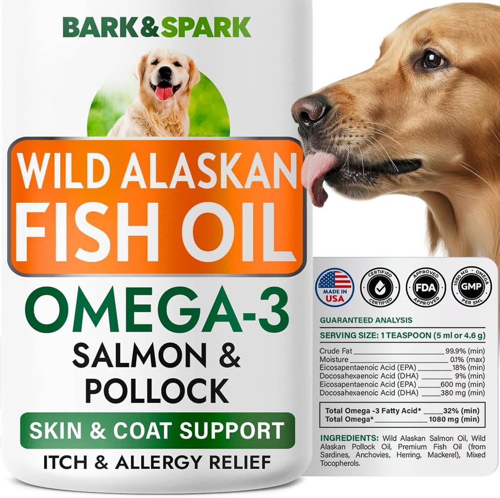 [BRSREHY3AUPA23LG] Bark limitadoSpark Fish Oil for Dogs - Natural Omega-3 - Skin & Coat Support - Liquid Food Supplement for Pets - Natural EPA + DHA Fatty Acids for Joint Function, Immune & Heart Health 8oz - Salmon