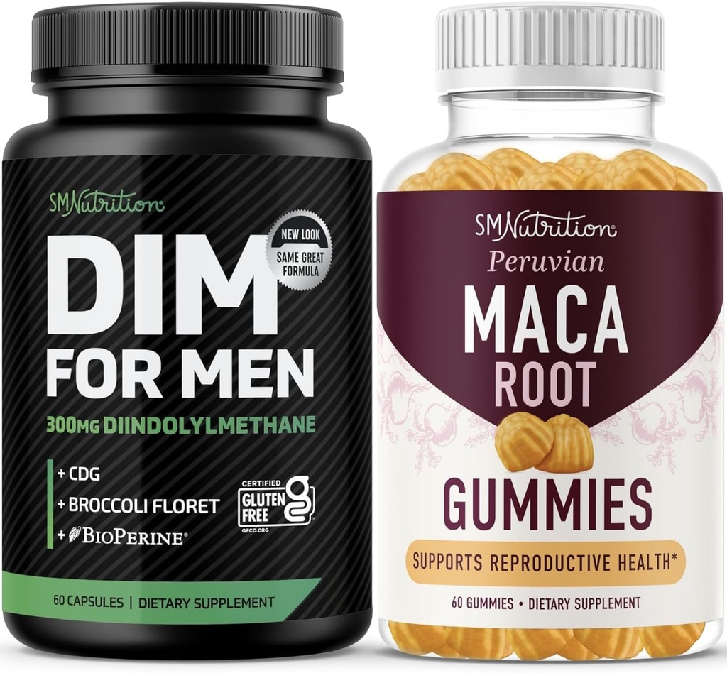 SMNutrition Maca Root Gummies & 300mg DIM Suplemento para Hombres para Testosterona y Apoyo al Rendimiento Silencio Invigorating Maca Gummies Complex (30 Servimientos) con DIM Complex for Men (60 Servings)