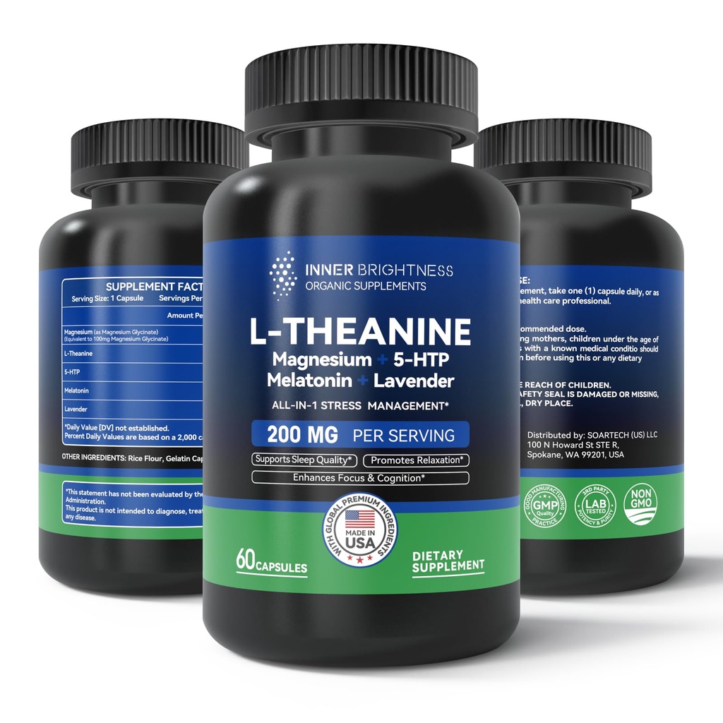 L Theanine 200mg, Magnesium, 5-HTP &amp; Melatonin – Suplemento L-Theanina para el alivio de estrés, el foco " Cognition, el sueño - 60 cápsulas
