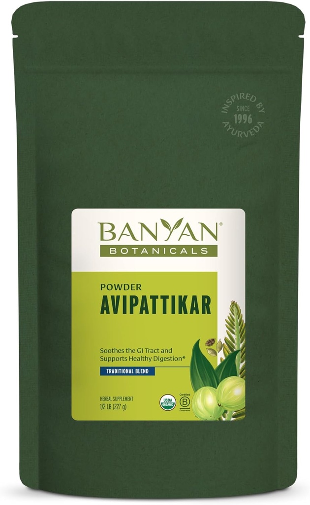 Botánicos de Banyan Avipattikar Powder – Suplemento de Digestión Orgánica con Ginger, Cardamom " Vidanga ­– apoya el equilibrio ácido de Stomach saludable* – 1⁄2 lb. Fuente sostenible Vegan