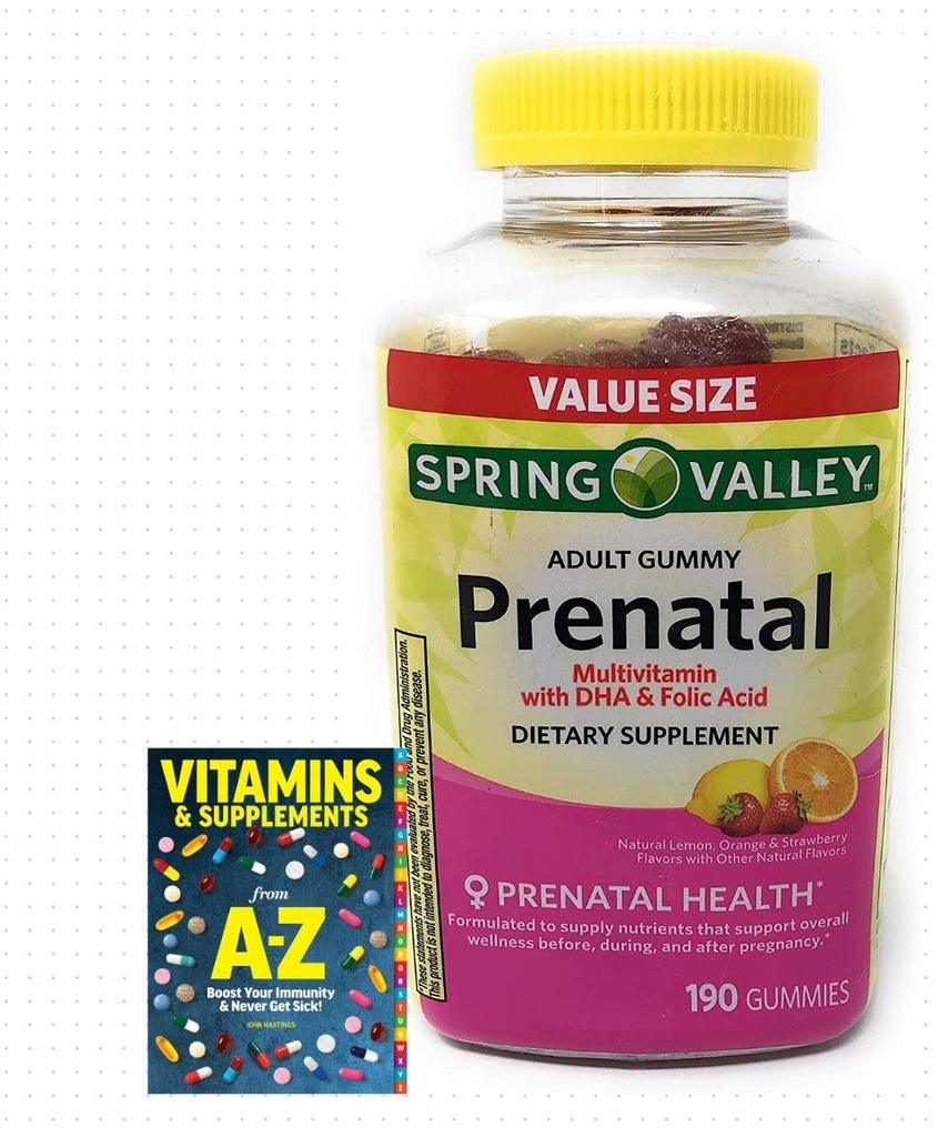Spring Valley Adult Prenatal Health Multivitamin DHA & Folic Acid, Fruit, 190 Gummies+Better Guide Vitamins Supplements Book