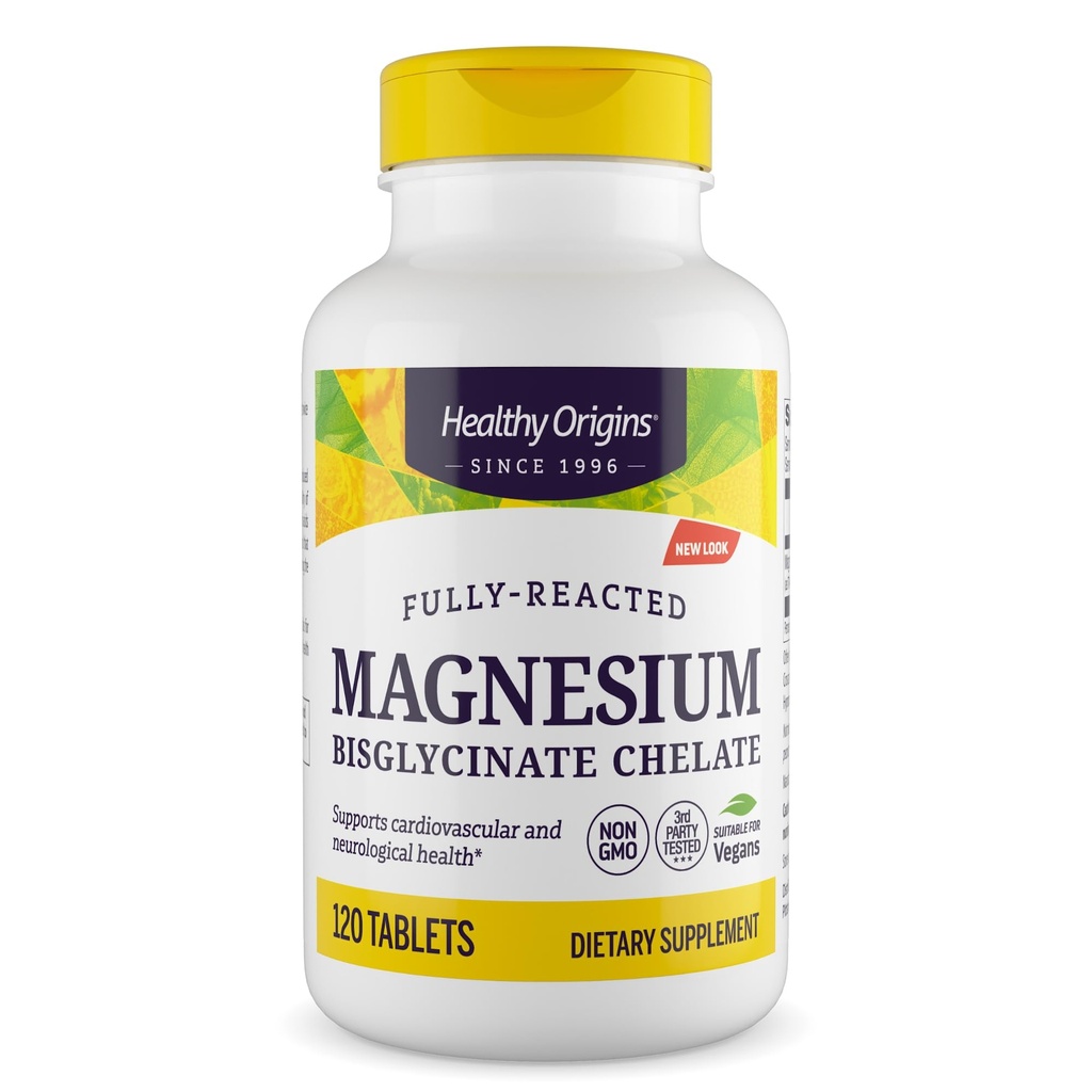 Orígenes saludables Magnesium Bisglycinate Chelate (No-GMO, Gluten Free, Cardiovascular Support, Bone Support, Neurological Support, Vegan), 120 Tablets