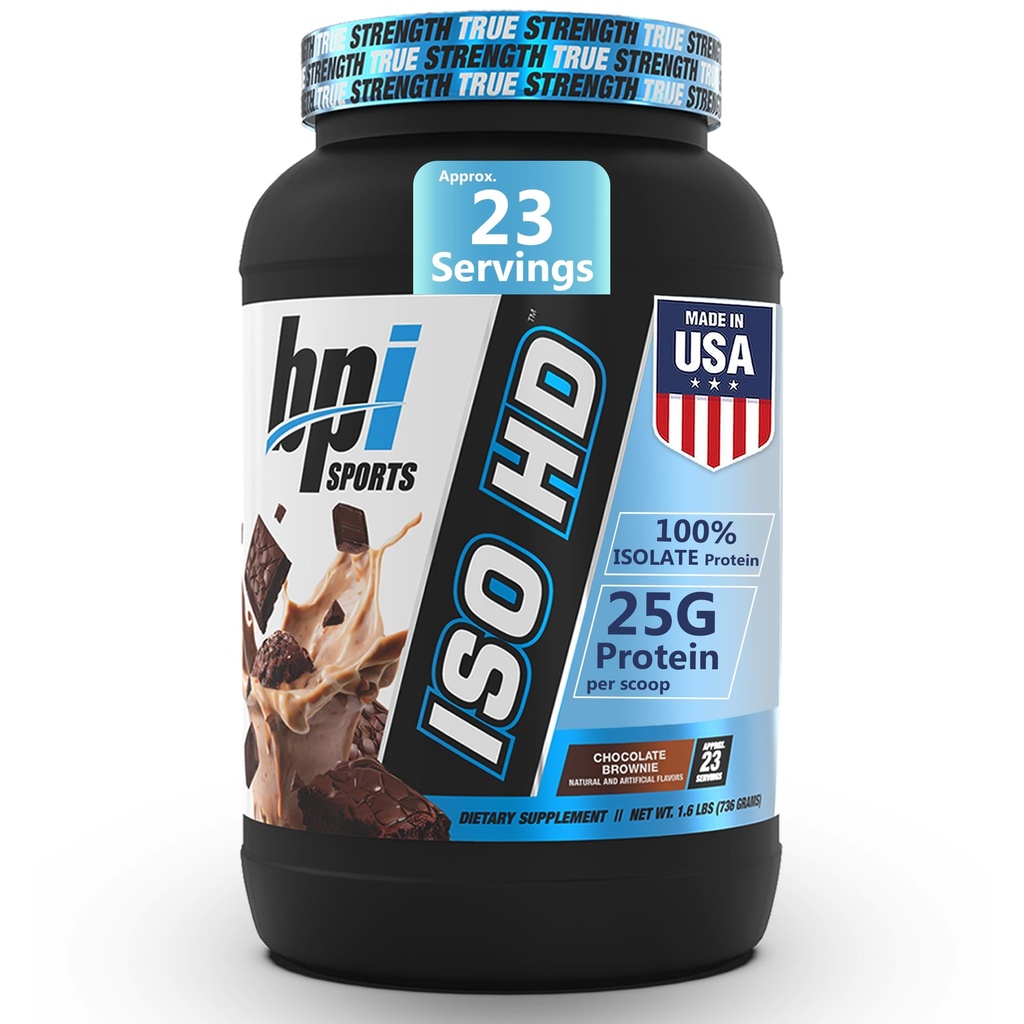 BPI Sports ISO HD Isolate Protein Powder – 100% Whey Isolate, Protein Powder for Muscle Gain - Chocolate Brownie - 1.6 Lb - 23 Servings