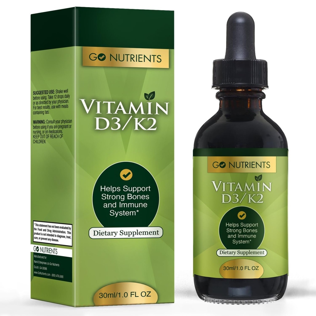 Go Nutrients Vitamina D3 K2 Drops – Líquido VIT D Suplemento con MK7 para Adultos &amp; Niños – Alta Absorción Soporte sublingual para Bone, Cardiovascular, Heart & Immune Health – 1 oz, 90 Servings