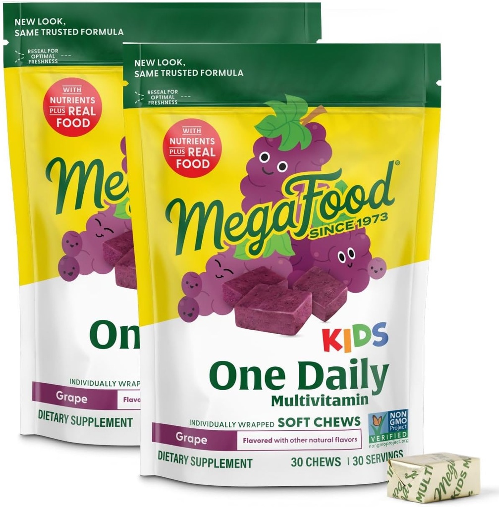 [BRSW2BQRO4IQMHYV] MegaFood Kids One Daily Multivitamin Soft Chews - Vitaminas para niños con vitamina B, vitamina C, vitamina D & vitamina E - edad 4+, vegetariano, sin 9 alérgenos alimenticios - sabor de la uva - 30 chews (2 Pack)