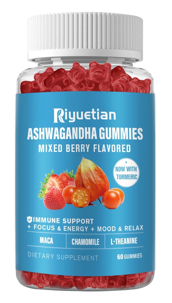 Ashwagandha Gummies for Women ' Men - Stress Relief, Immune Support & Aumento de la energía - Azúcar Gratis, Vegan - Organic Ashwagandha Root Suplementos Gummy- Natural Strawberry Flavor (60 Cuenta)