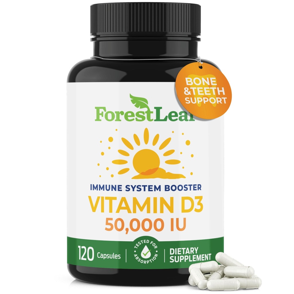 ForestLeaf Vitamin D3 50.000 UI ANTE VIT D - VIT D3 Vitamina D Suplemento para Mujeres y Hombres TENIDO Bone Health, Teeth, Immune Support TEN Easy to Swallow Pills ← High Potency WEEKLY Dose, 2-Year Supply, 120 Caps