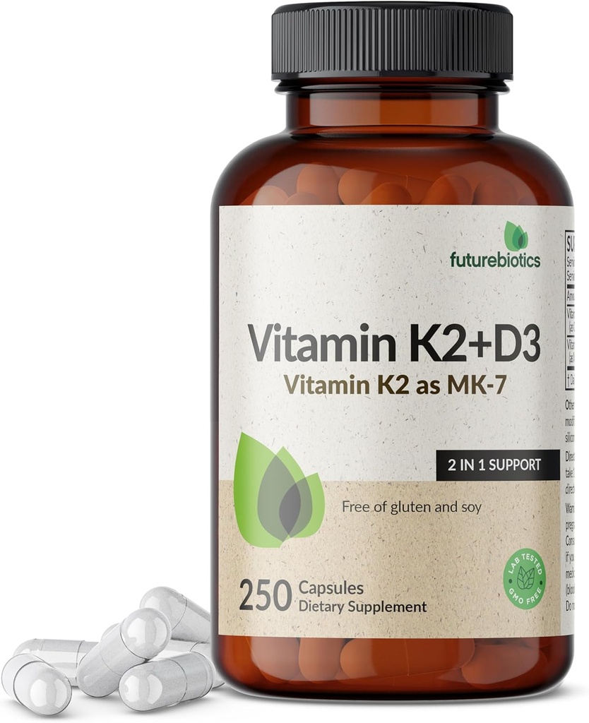 Vitamina K2 (MK7) con suplemento D3 - Fórmula no GMO - 5000 UI Vitamina D3 & 90 mcg Vitamina K2 MK-7, 250 cápsulas vegetarianas