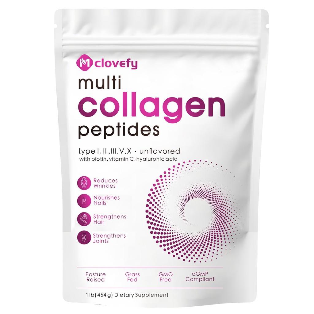 Multi Collagen Peptides Powder, 16 Oz (41 Servings) - Suplemento Proteína, Tipo I, II, III, V, X con Ácido Hialurónico, Vitamina C y Biotina, Mezcla fácilmente en Bebidas
