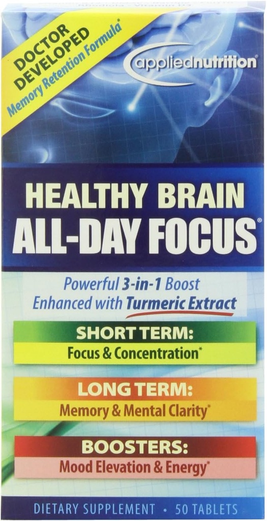 Nutrición Applied Healthy Brain All-Day Focus - 50 Tabletas - Powerful 3-in-1 Brain Booster with Turmeric Extract - 25 Servings