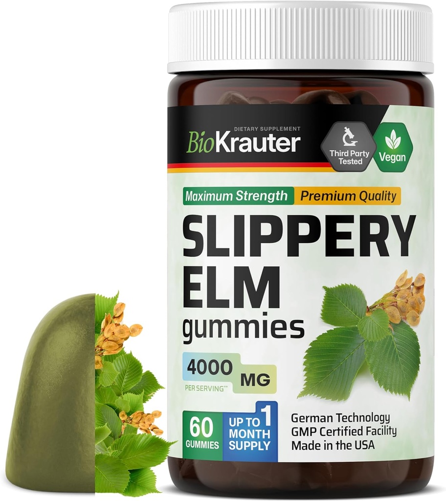 BIO KRAUTER Slippery Elm Gummies 4000 mg - 60 Cuenta 30 Días de Suministro - Digestive & Respiratory Soporte - Ulmus Rubra Gummies for Lungs - Slippery Elm Bark for Women & Hombre - Vegan, GMO-Free