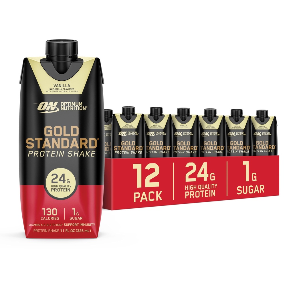 Optimum Nutrition Gold Standard Protein Shake, 24g Protein, Listo para beber Protein Shake, Gluten Free, Vitamina C para Immune Support, Vanilla, 11 Fl Oz, 12 Cuenta (Packaging May Vary)