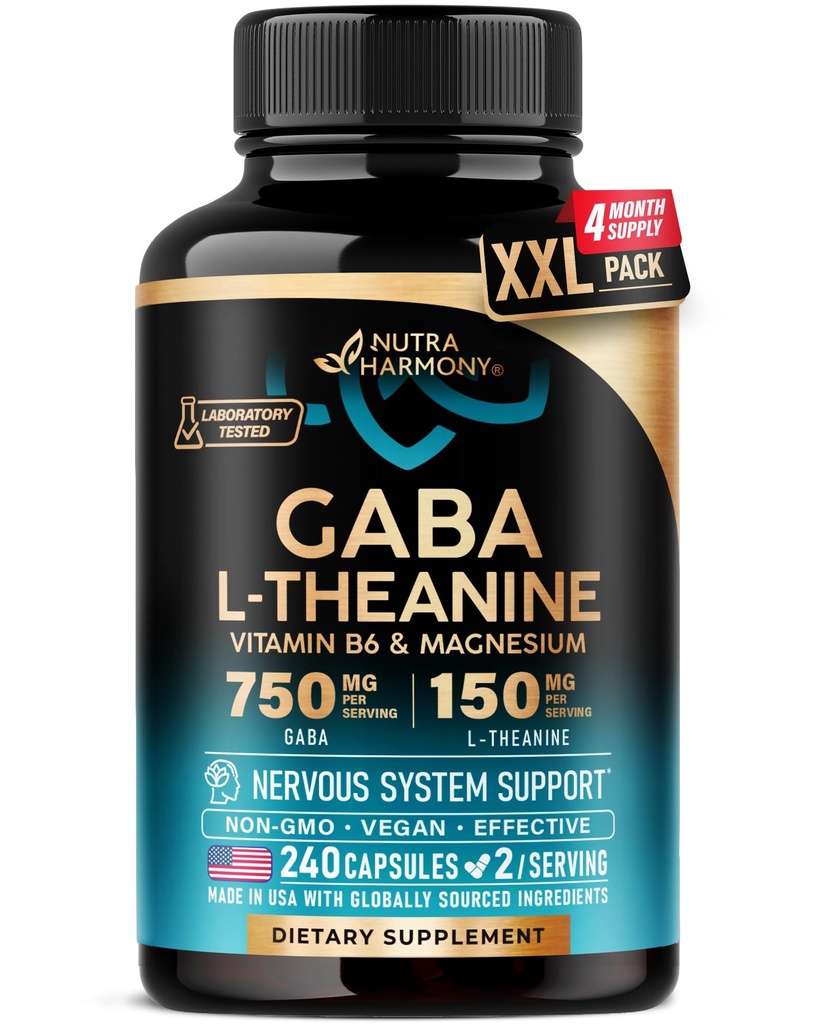 GABA L-Theanine 900 mg - Hecho en EE.UU. - Magnesio ANTE Vitamina B6 - Calma, Dormir, Relajación &amp; Mood Support - 750 mg Gamma AminoButyric Acid, 150 mg L-Theanine - Non-Habit Forming, Vegan - 240 cápsulas