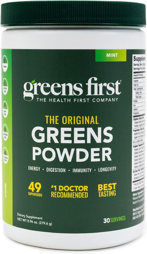 Greens First Original Greens Powder - 49 Superfoods - Frutas Ecológicas " Veggies - Prebióticos, Probióticos " Enzimas Digestivas - Antioxidante Smoothie - Dairy Free, Vegan " Non-GMO (Mint, 30 Servings)