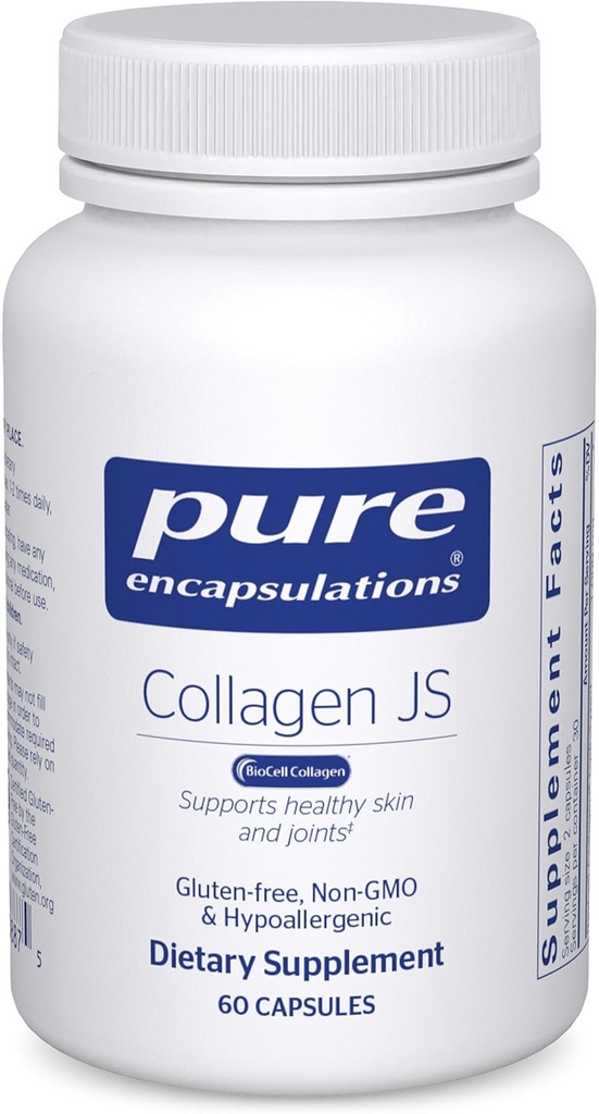 Encapsulaciones puras Collagen JS - Skin & Joint Health* - 1,000 mg Hydrolyzed Biocell Collagen - Gluten Free " Non-GMO - 60 cápsulas