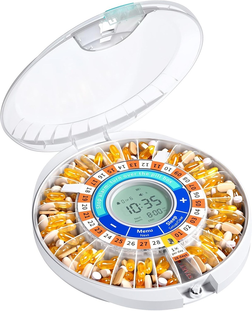 Dispensador automático de píldoras Daviky para el anciano con alarma, caja de píldoras electrónicas de 28 días, Recordadores de luz de sonido para medicamentos, vitaminas y suplementos (Orange)
