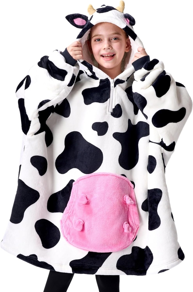 Giggling Getup Wearable Blanket Hoodie for Girls and Boys Sherpa Fleece Hooded Blanket Sweatshirt Warm Cozy Sherpa Hoodie de tamaño extraíble con pata gigante & mangas para la vaca de los niños