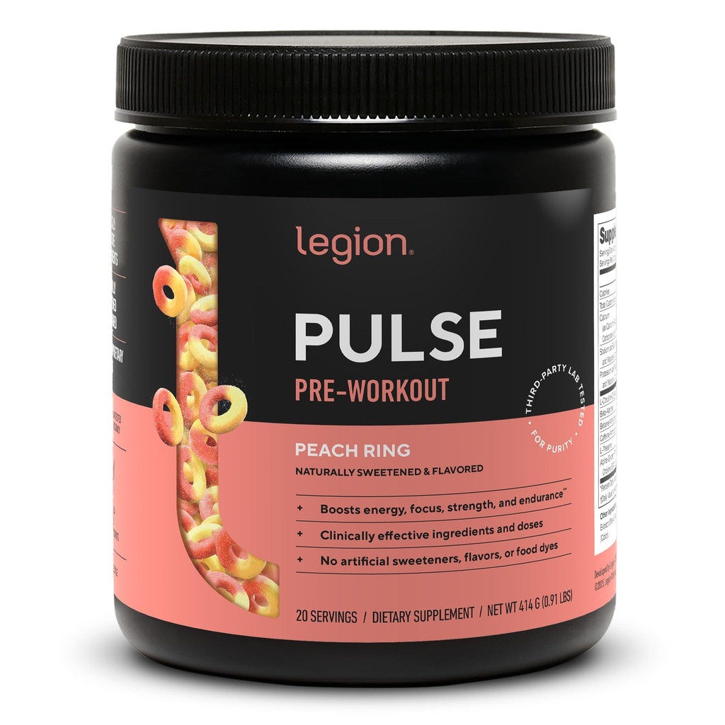 Legion Pulse Pre Workout - All Natural Nitric Oxide Preworkout Drink to Boost Energy, Creatine Free, Naturally Sweetened, Beta Alanine, Citrulline, Alpha GPC (Peach)