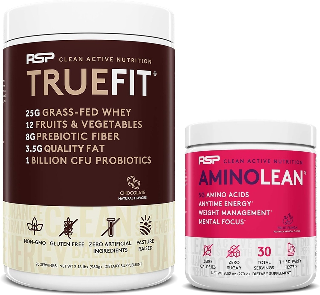RSP NUTRITION AminoLean Pre Workout Energy (Fruit Punch 30 Servings) con TrueFit Protein Powder (Chocolate 2 LB)