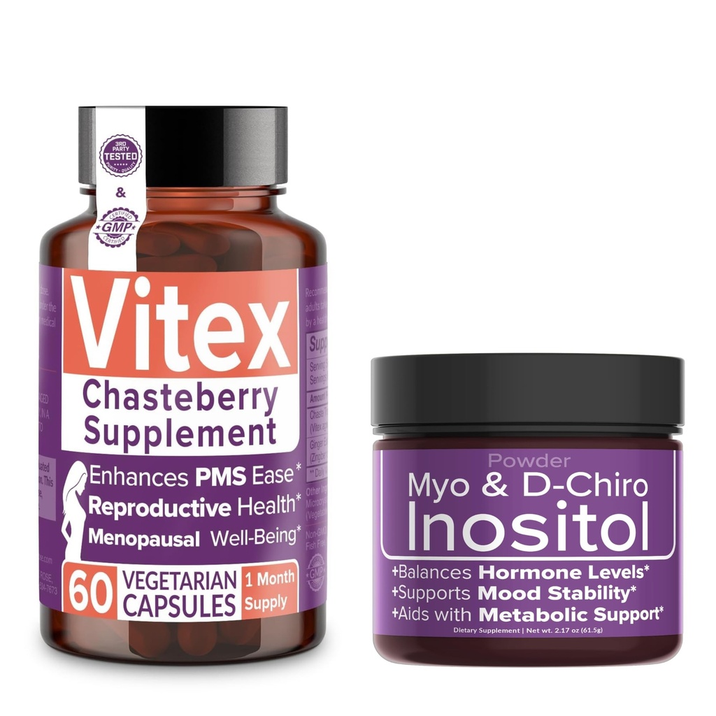 Rosa íntima Ahorre 10% en Equilibrio hormonal y bienestar reproductivo Bundle – Vitex Chasteberry Suplemento + Myo & D-Chiro Inositol Polvo para soporte menstrual PCOS