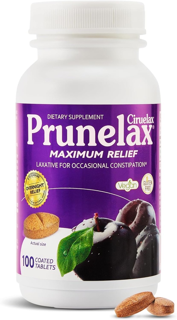 [BRSWKFQKBMCGYEDU] Prunelax Ciruelax Maximum Relief Laxative Tablets with Natural Senna for Occasional Constipation, Senna Extract, Vegan & Gluten-Free, Gentle Overnight Relief - 100ct