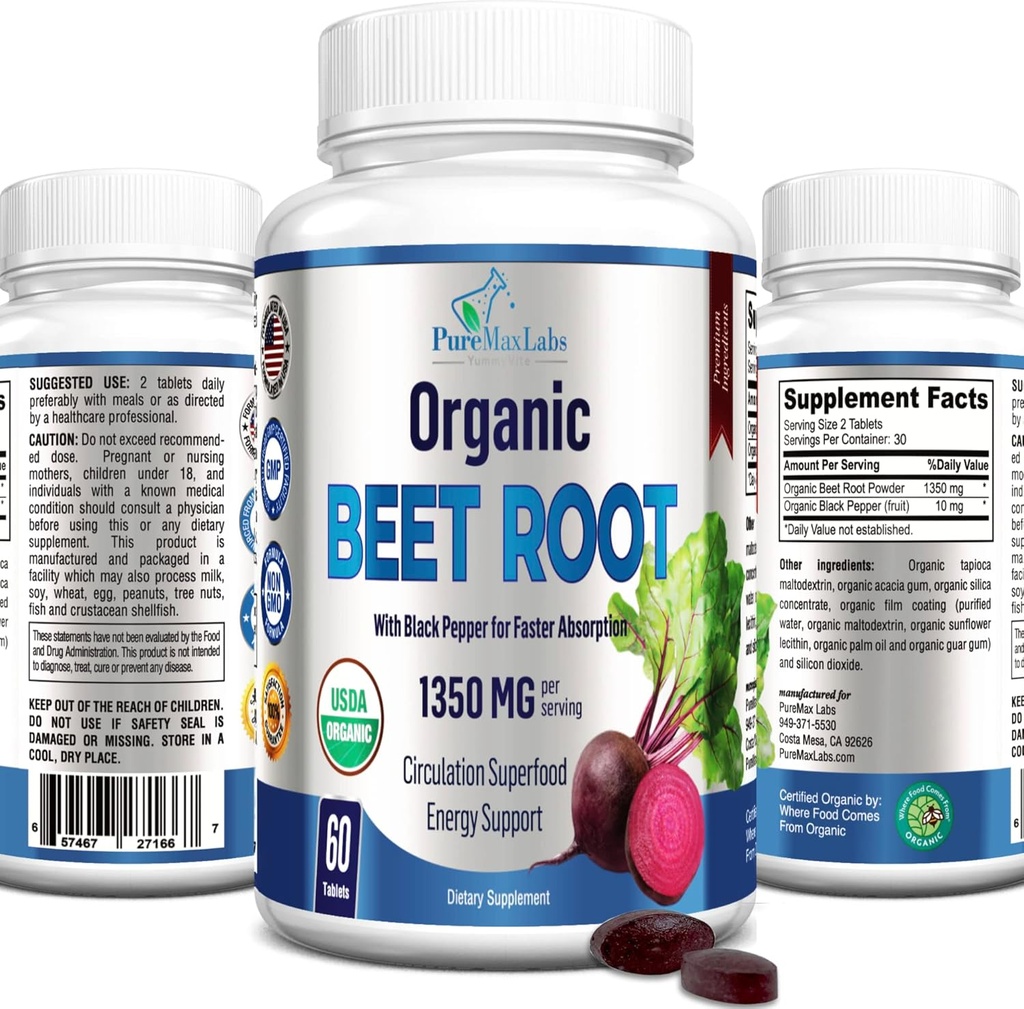 Tablas de Polvos Orgánicas - 1350 mg con Pimienta Negra para la Absorción Más Faster - Boost Nitric Oxide for Energy and Stamina - 60 Tablets