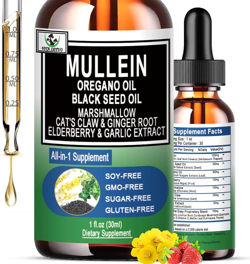 16-in-1 gotas de Mullein Orgánica para Pulmones Ø Mullein Leaf Extract w/Oil of Oregano with Black Seed Oil ← Non-GMO adultoGluten Free Respiratory Health Liquid Drops latitud Mullein Supplement Cleanse for Smokers