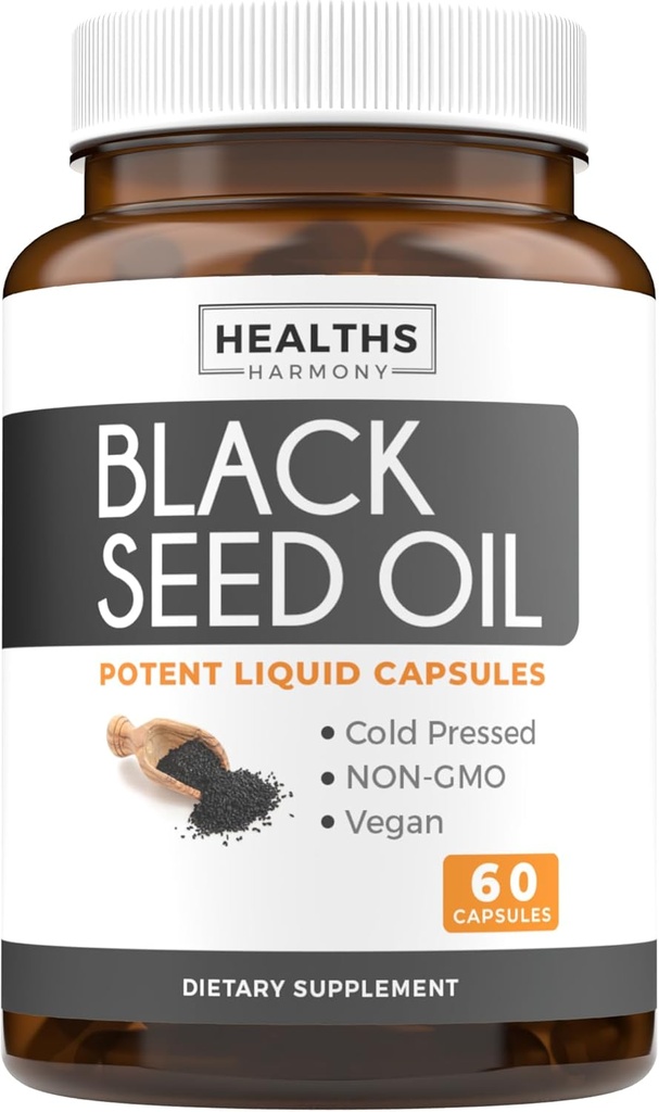 [BRSROHQZPIFBQALV] Black Seed Oil - 60 Softgel Capsules (No-GMO & Vegan) Premium Cold-Presed Nigella Sativa Producing Pure Black Cumin Seed Oil with Vitamin E - 500mg Cada, 1000mg Por 2 Capsule Serving