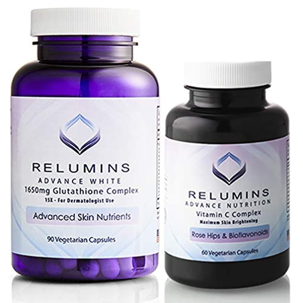 Relumins Advanced White Set - 1650mg Glutathione Complex (90 Capsules) and Advanced Vitamin C with Rose Hips and Bioflavonoids (60 Capsules) Bundle