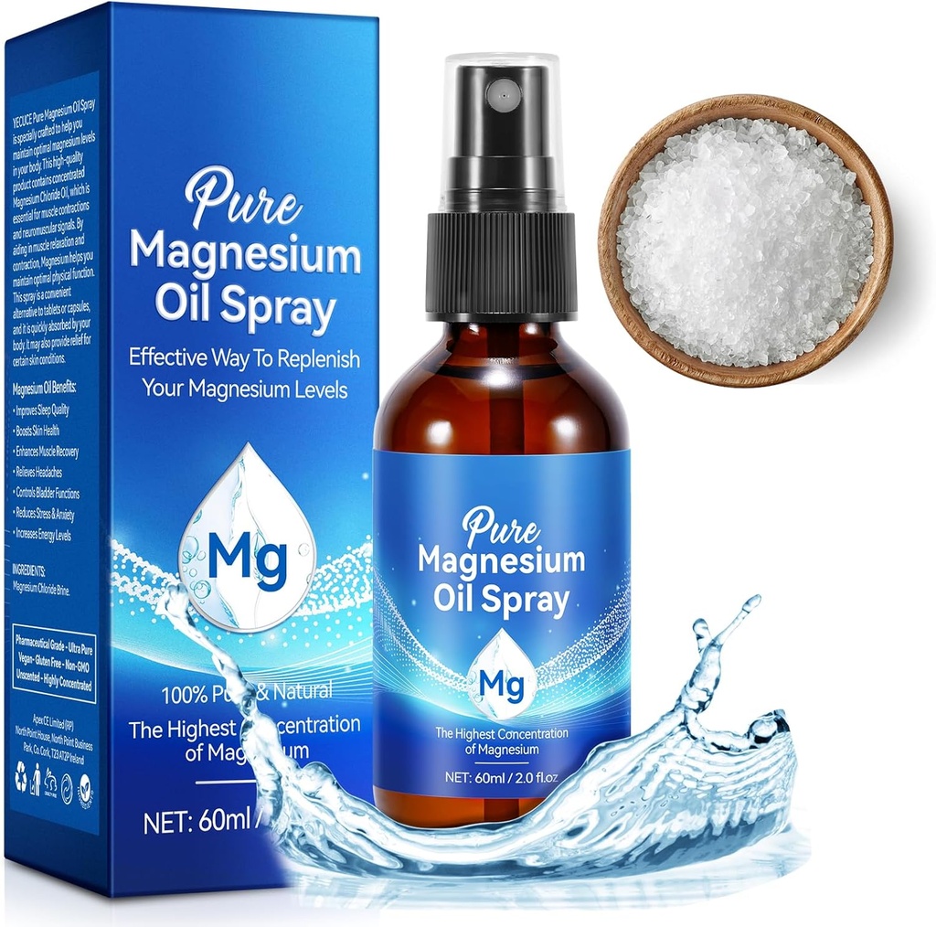 Aceite de magnesio, Aceite de magnesio puro para pies, 100% Botella de vidrio de rayos de magnesio natural y orgánico, Fácil de absorber &amp; Uso, Espray de magnesio tópico (2 Fl Oz, Pack de 1)