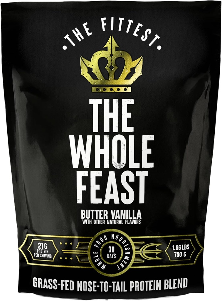 Fittest Whole Feast Beef Protein Powder - Butter Vanilla - Grass Fed Nose to Tail Carnivore Blend Incluyendo Liver, Colostrum y Bono Único - BCAAs - 14g Collagen - 21g Total Protein