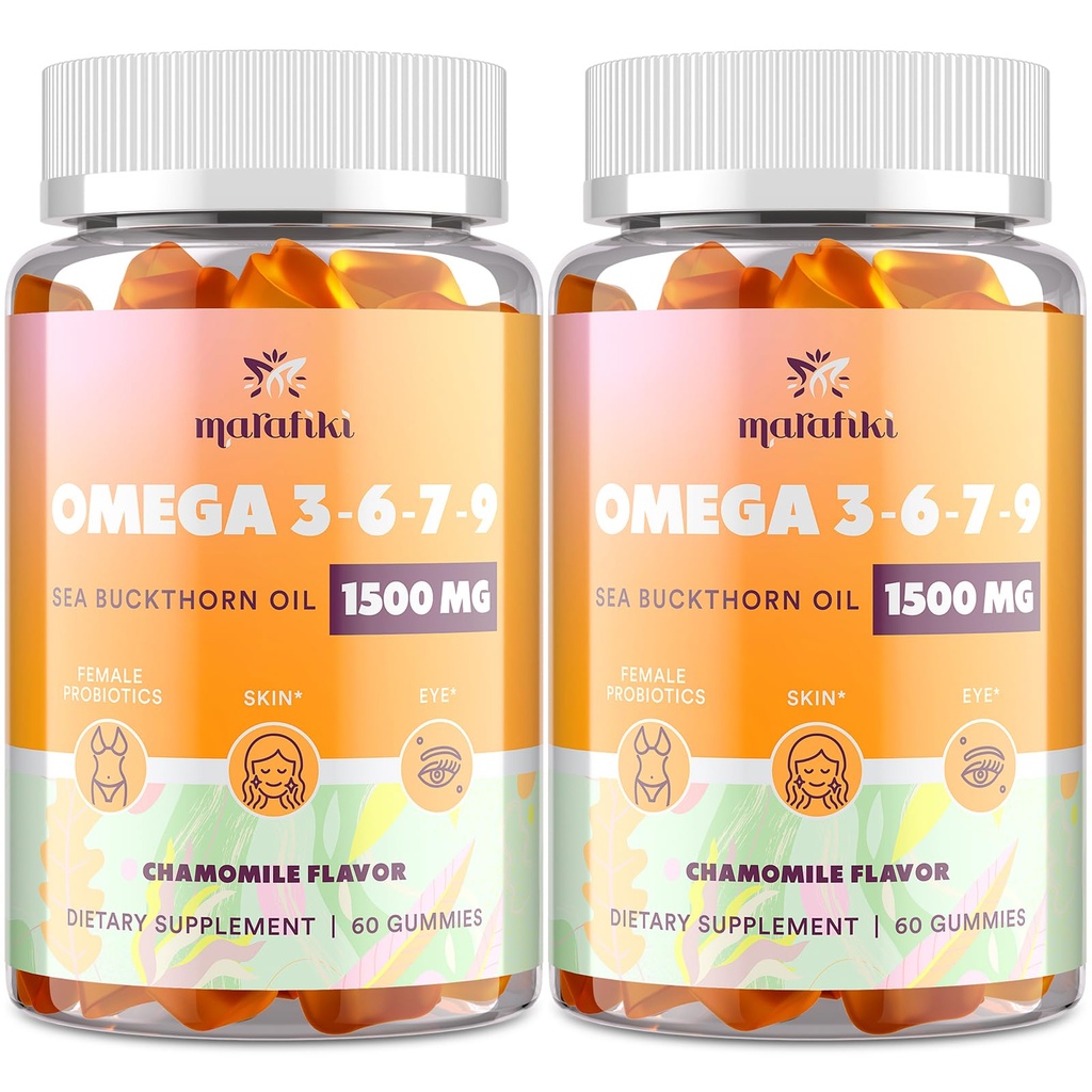 Omega-7 Sea Buckthorn Oil Gummies, Omega 3 6 7 9 Suplemento para Mujeres, Aceite Flaxseed, Vitaminas E, A " Probióticos - Esquí, Ojo " Sequedad, Sabor de manzanilla - 120 Gummies