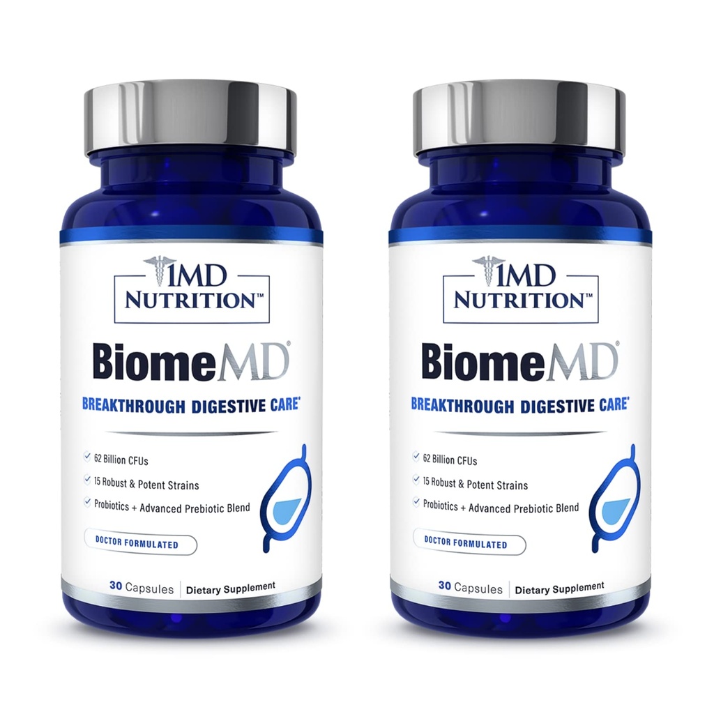 1MD Nutrición BiomeMD Probióticos TEN 62 Billion CFUs, 15 Estrados Integrales - Pro " Prebióticos TEN Doctor-Formulado para la Salud Digestiva " Apoyo Inmunitario 60 cápsulas