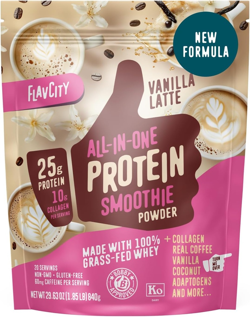 FlavCity Grass Fed Whey Protein Powder - Latte de vainilla - 25g Proteína, 10g Collagen & 60mg de la cafeína - Hecho con verdadero grano de vainilla & coco orgánico - Gluten gratis & sin azúcares añadidos (20 servidos)