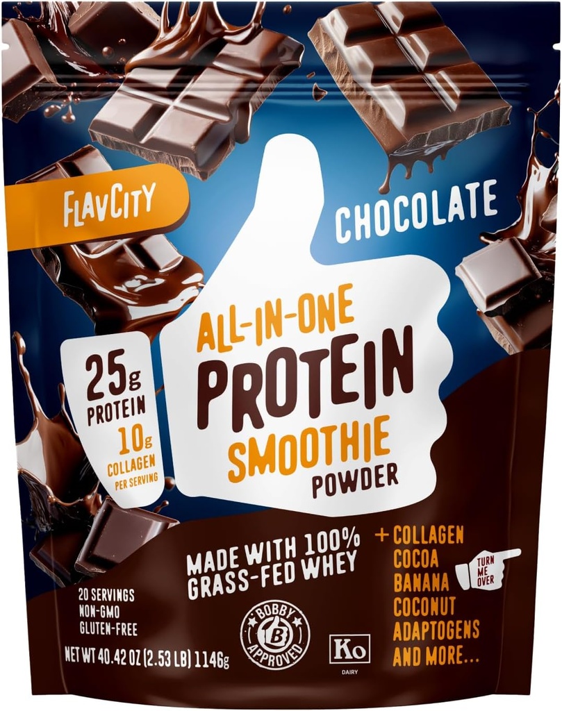 FlavCity Grass Fed Whey Chocolate Protein Powder - 25g Protein & 10g Collagen - Hecho con Cocoa Orgánica, Bananas & Coconut Milk - Gluten Gratis & No Añadido Sugares (20 Servings)