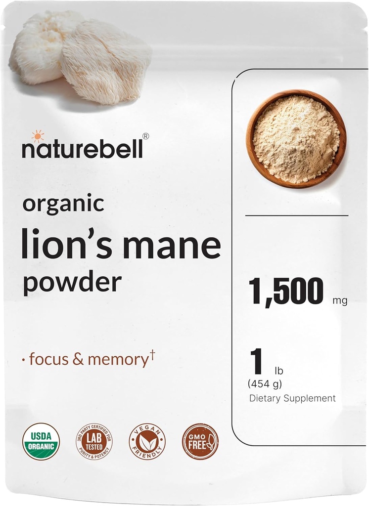 NatureBell Organic Lions Mane Powder 1.500mg Por Serving, 1lb TENIDO TODO Cuerpo de Fruto & Mycelium Fuente de setas – Focus, Memory, & Immune Health Supplement – Non-GMO, Vegan