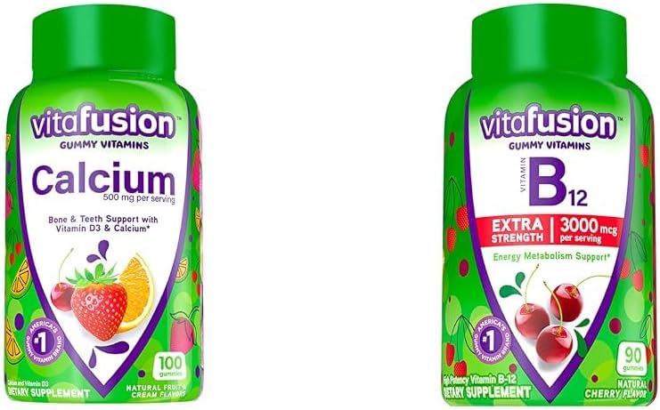 Vitafusion Calcium Chewable Gummy Vitaminas para el Soporte de Huesos y Dientes & Extra Strength Vitamina B12 Gummy Vitaminas para Energía Metabolismo Apoyo y Sistema Nervous Salud Apoyo