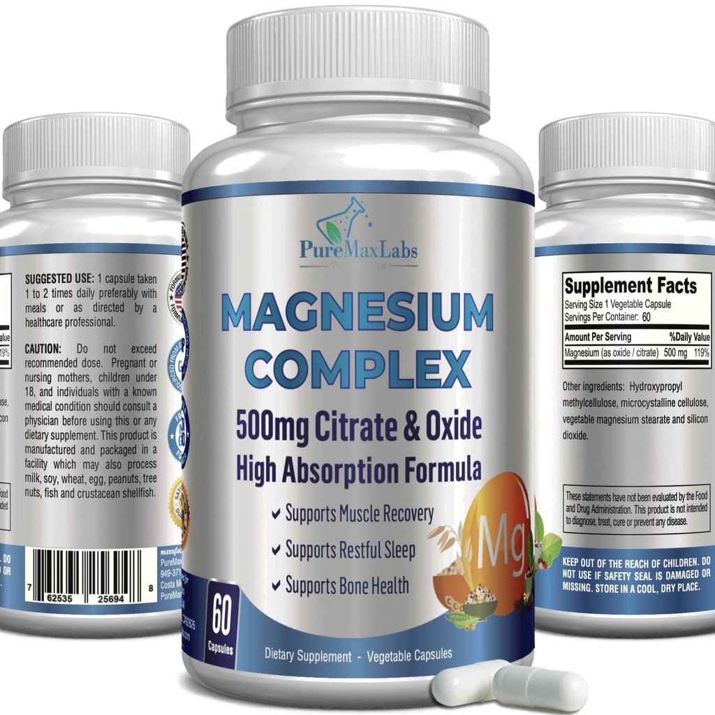 Alta Absorción Magnesium Citrate Complex 500mg Magnesium Citrate & Oxide – Soporta el sueño calmado, Muscle Cramp Relief, Muscle Recovery, Teeth & Bones saludables, Non-GMO – 60 cápsulas vegetales