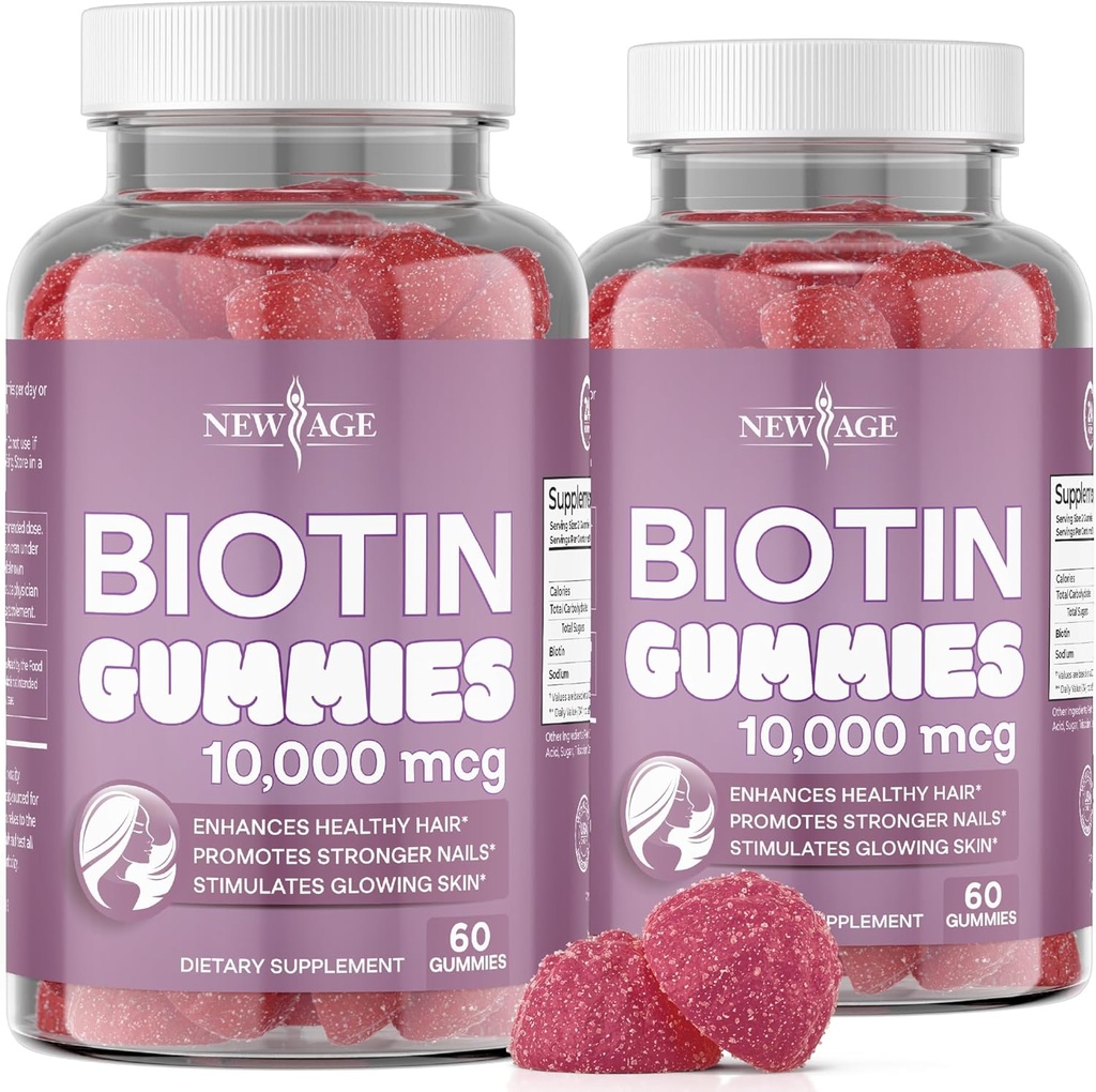 NUEVO AGE Biotin Gummies – Peluquería, Piel & Nails Gummies – 10,000 mcg - Suplemento No GMO para Mujeres, Hombres - Made in USA -120 Conde